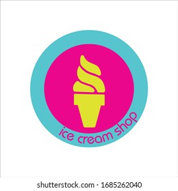 The logo of the ice cream shop. Illustration of cone shaped ice cream in blue and pink circles. It is suitable to be used as the identity of an ice cream shop.