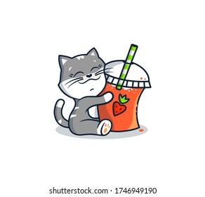 The logo ICE Drink. Logotype kitty with milk cocktail. Funny cat, animal, cartoon character, badge, sticker, emblem on white background isolated. Vector illustration