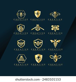 Logo Icon for Bee set golden color ,Honey bee geometric shape logo template Vector Illustration.