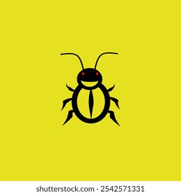 Logotipo o icono de un escarabajo o insecto con ojos rojos sonrientes sobre un fondo amarillo