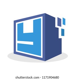 logo icon box shape with a concept illustration of digital storage media, with details of the initial letter Y
