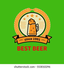 Logo, icon of brewery, fresh beer. Beer mug, wheat and five stars. Vector illustration.