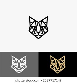Icono de logotipo gato geométrico línea de cabeza silueta de arte blanco y negro 