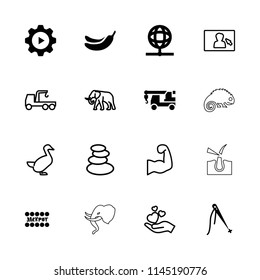 Logo icon. collection of 16 logo filled and outline icons such as banana, truck with hook, sewing, globe, elephant, goose, spa stones. editable logo icons for web and mobile.