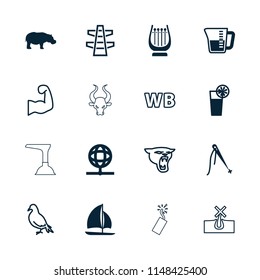 Logo icon. collection of 16 logo filled and outline icons such as hippopotamus, sewing, cocktail, decanted, sailboat, globe, dove. editable logo icons for web and mobile.