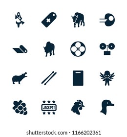 Logo icon. collection of 16 logo filled icons such as goose, hippopotamus, buffalo, grape, cutting board, gramophone, core, chicken. editable logo icons for web and mobile.