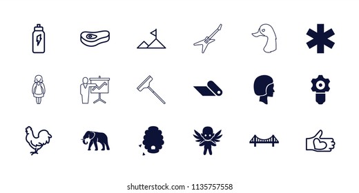 Logo icon. collection of 18 logo filled and outline icons such as elephant, bridge, medical sign, face, carpet, chicken, gear keyhole. editable logo icons for web and mobile.