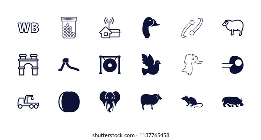 Logo icon. collection of 18 logo filled and outline icons such as mouse, sheep, elephant, bird, gong, arch, truck with hook, core, wb. editable logo icons for web and mobile.