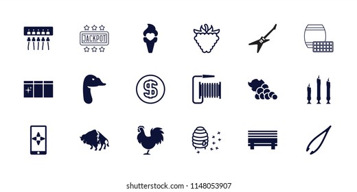 Logo icon. collection of 18 logo filled and outline icons such as buffalo, goose, tweezers, ice cream, bench, candle, raspberry. editable logo icons for web and mobile.