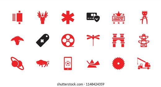 Logo icon. collection of 18 logo filled icons such as buffalo, jackpot, blade saw, pylon, medical sign, movie tape, football on phone. editable logo icons for web and mobile.