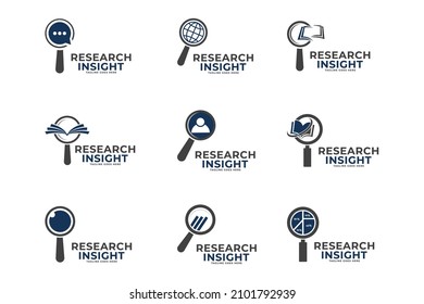 logo icon with concept of searching, reading, reviewing books. Illustrated with a magnifying glass and an open book.