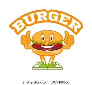 Logo icon cute smile cartoon character American hamburger which stand and show thumb up like it. Dressed up in cap and fashionable sneakers. Modern illustration mascot  for fast food bar flat design 