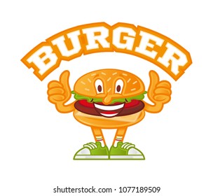 Logo icon cute smile cartoon character American hamburger which stand and show thumb up like it. Dressed up in cap and fashionable sneakers. Modern illustration mascot  for fast food bar flat design 
