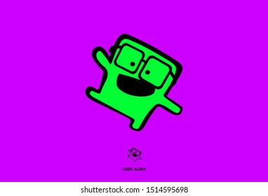 Logo icon of dancing happy geek alien with glasses.