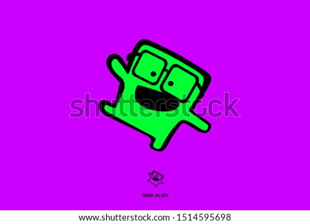 Logo icon of dancing happy geek alien with glasses.