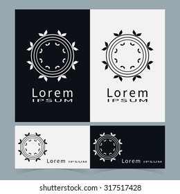 Logo icon design and Business cards set. Black and white symbol stylized flower collection. Abstract vector shape geometric round ornament, line art.