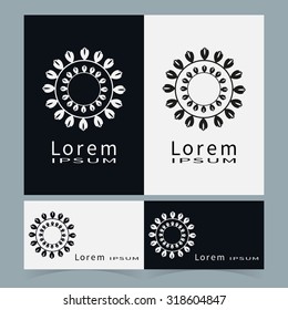 Logo icon design and Business cards set. Black and white symbol stylized flower collection. Abstract vector shape geometric round ornament, line art.