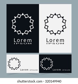 Logo icon design and Business cards set. Black and white symbol stylized flower collection. Abstract vector shape geometric round ornament, line art.