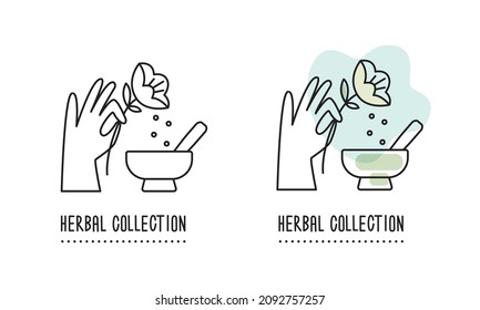Logo, icon, design element. Vector linear illustration. A hand with a flower and a mortar. Collection of herbal and medicinal collections, tea.