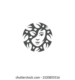 Logo Or Icon Design With Face Of A Woman And Leaf