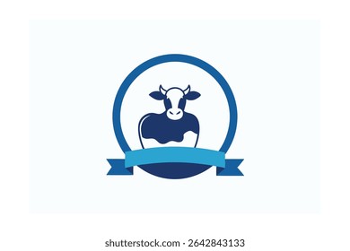 A logo icon design featuring a dairy cow inside a circle, adorned with an award ribbon. Suitable for branding or graphic elements.
