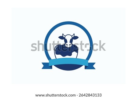 A logo icon design featuring a dairy cow inside a circle, adorned with an award ribbon. Suitable for branding or graphic elements.