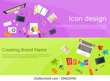 Logo Icon Designer Drawing Desk Workspace Brand Name Concept Creative Businessman Desk Flat Vector Illustration