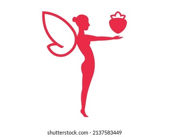 Logo Icon Of Female Fairy Holding Fruit. Beautiful Woman. Magical. Simple. Stylised. Strawberry. Side View. Silhouette.