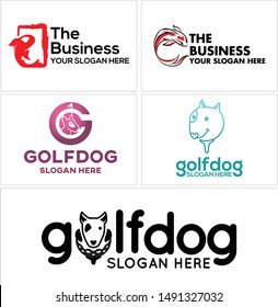 The logo with icon fish red white and letter G dog golf Tosca purple black suitable for animal fish store pet shop