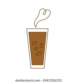Logo, icon glass with coffee. Paper glass with hot drink. Heart shape. Vector graphics. White isolated background.