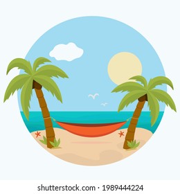 Logo or icon - hammock with palm trees on the beach. Tropical background with the sea - round shape. Vector flat design