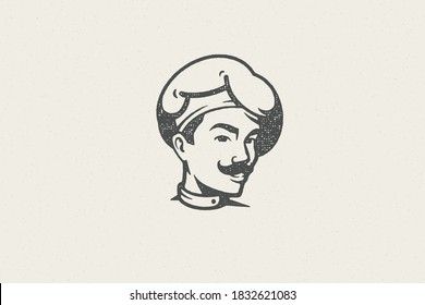 Logo icon head of smiling male cook silhouette in chef hat hand drawn stamp effect vector illustration. Vintage grunge texture emblem for package and menu design or label decoration.