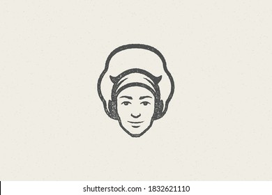 Logo icon head of smiling male cook silhouette in chef hat hand drawn stamp effect vector illustration. Vintage grunge texture emblem for package and menu design or label decoration.