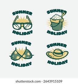 Logo icon hello summer happy holiday beach balloon sunglasses glasses hat sand paradise surfing vector illustration