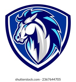 logo icon of a horse's head with bright blue highlights in a blue shield, suitable for esports logos, sports club logos or dynamic and sporty companies