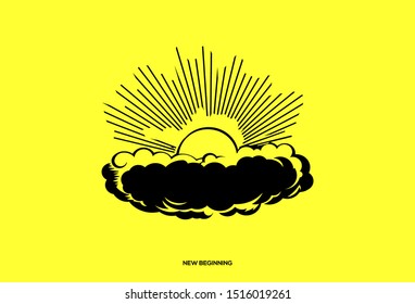 Logo icon illustration of emerging sun shine covered by cloud. Symbolize new beginning. 