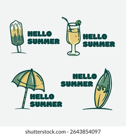 logo icon illustration hand drawing hello summer happy holiday beach drink coconut sun swimming balloon vector green yellow color