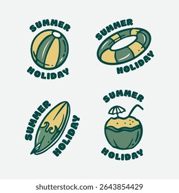 logo icon illustration hand drawing hello summer holiday beach drink coconut sun swimming balloon vector green yellow color