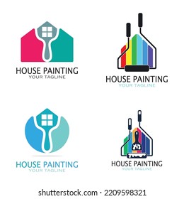 logo icon illustration house paint with a blend of brushes and rollers for house wall paint design, minimalist house, painting, interior, building, property business, wallpaper, vector concept