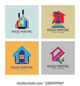 logo icon illustration house paint with a blend of brushes and rollers for house wall paint design, minimalist house, painting, interior, building, property business, wallpaper, vector concept