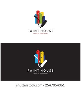 logo icon illustration house paint with a blend of brushes and rollers for house wall paint design, minimalist house, painting, interior, building, property business, wallpaper, vector concept