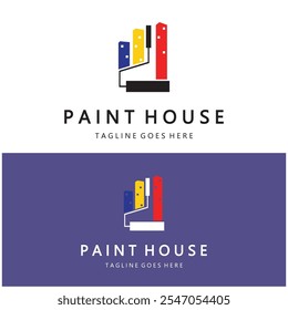 logo icon illustration house paint with a blend of brushes and rollers for house wall paint design, minimalist house, painting, interior, building, property business, wallpaper, vector concept