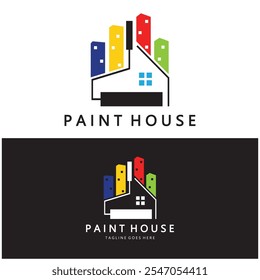 logo icon illustration house paint with a blend of brushes and rollers for house wall paint design, minimalist house, painting, interior, building, property business, wallpaper, vector concept