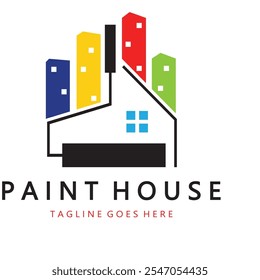 logo icon illustration house paint with a blend of brushes and rollers for house wall paint design, minimalist house, painting, interior, building, property business, wallpaper, vector concept