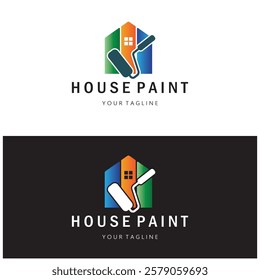 logo icon illustration house paint with a blend of brushes and rollers for house wall paint design, minimalist house, painting, interior, building, property business, wallpaper, vector concept