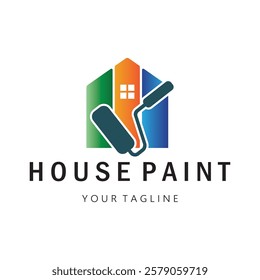 logo icon illustration house paint with a blend of brushes and rollers for house wall paint design, minimalist house, painting, interior, building, property business, wallpaper, vector concept