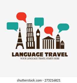 Logo icon - Illustration language travel. Language poster design with diversity famous monuments and  speech bubbles. Inscription "Your language travel starts here "