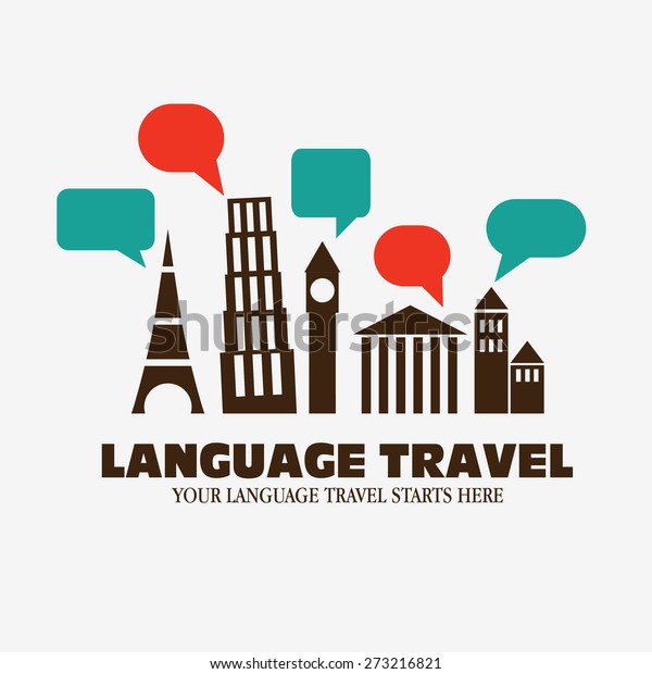 Logo icon - Illustration\
language travel. Language poster design with diversity famous\
monuments and  speech bubbles. Inscription \