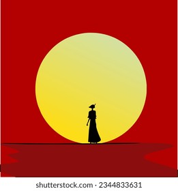Logo icon illustration vector of woman standing behind the moon on red background