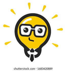 Logo, icon, illustration of a yellow light bulb with a bold outline, with nerd glasses, tie, a smile and rays, vector image isolated on white background.